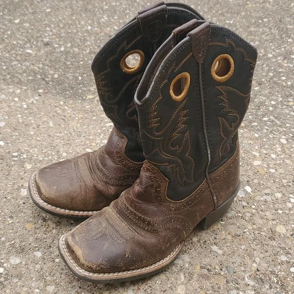 Ariat Roughstock Brown Leather Cowboy Boots Youth Toddler 12 Western Preloved - Picture 2 of 10